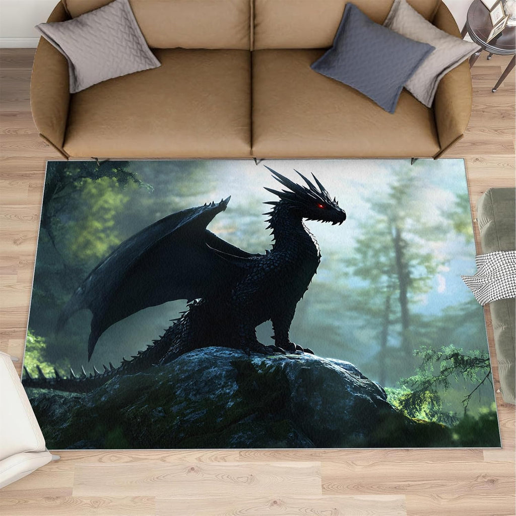 Dragon Rug 6x8-6x8 Rug, Western Area Rugs for Bedroom, Green Forest Rugs for Living Room, Magical Animal Washable Mat, Flying Wildlife Carpet, Dragon Home Decor & Gifts