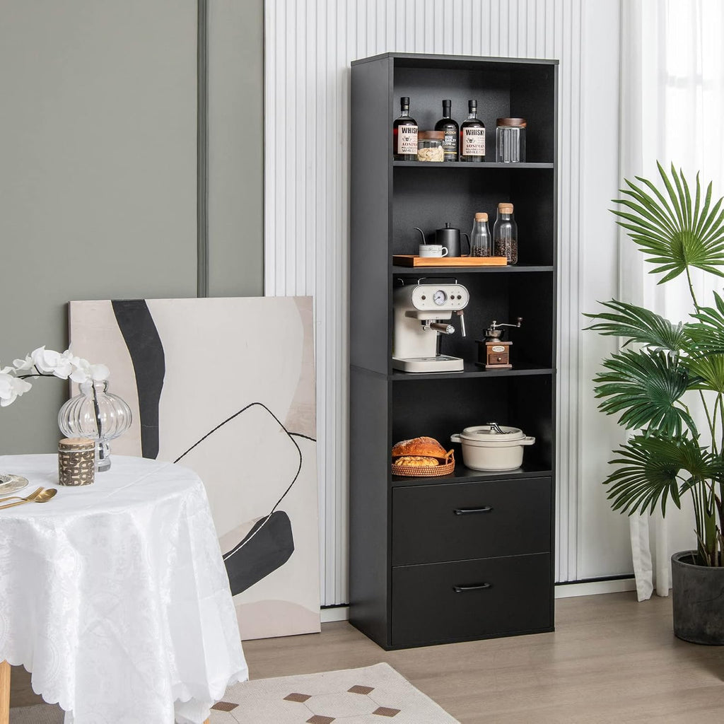 LOKO 74 Inches Tall Bookcase, 6-Tier Modern Tall Storage Cabinet with 2 Drawers & 4 Open Shelves, Freestanding Wooden Bookshelf with Anti-toppling Devices for Living Room, Study, Home Office (Black)