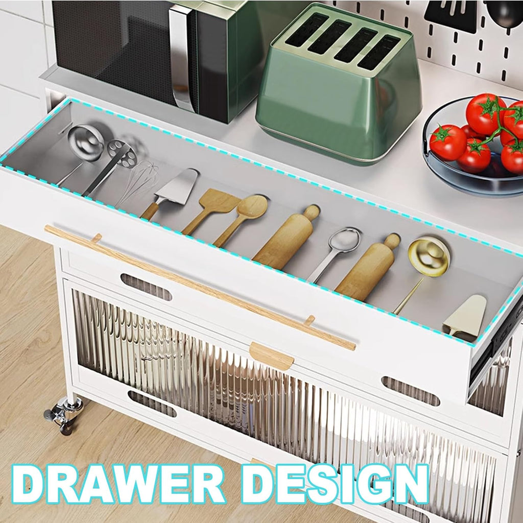 Metal Kitchen Storage Cabinets, Bakers Rack with Storage, Kitchen Microwave Stand, with Drawers, Hooks * 8, Foot Pads * 4(White,100cm)