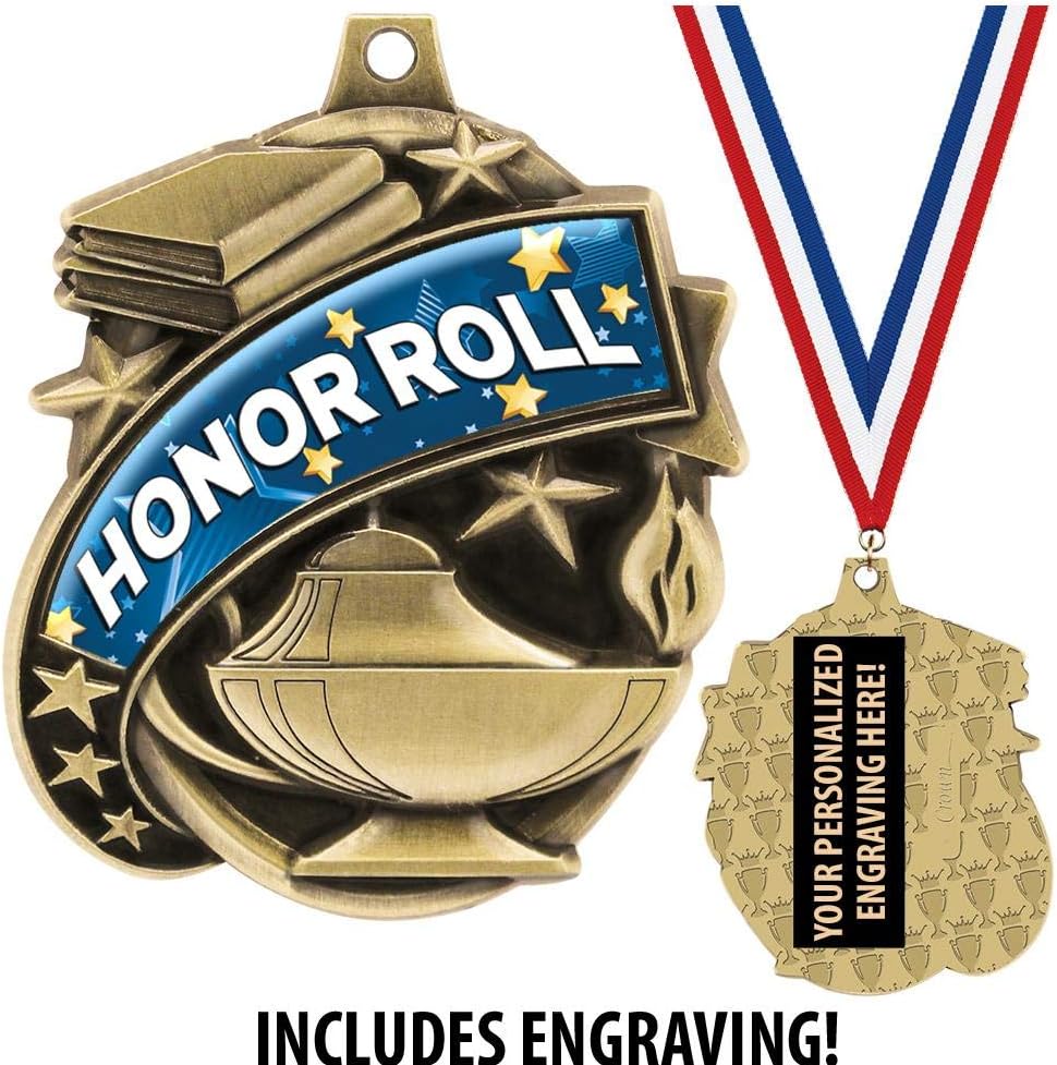 Honor Roll Medals - 1 1/2' Gold Honor Roll Medal, Great Academic Awards with Custom Engraving Prime