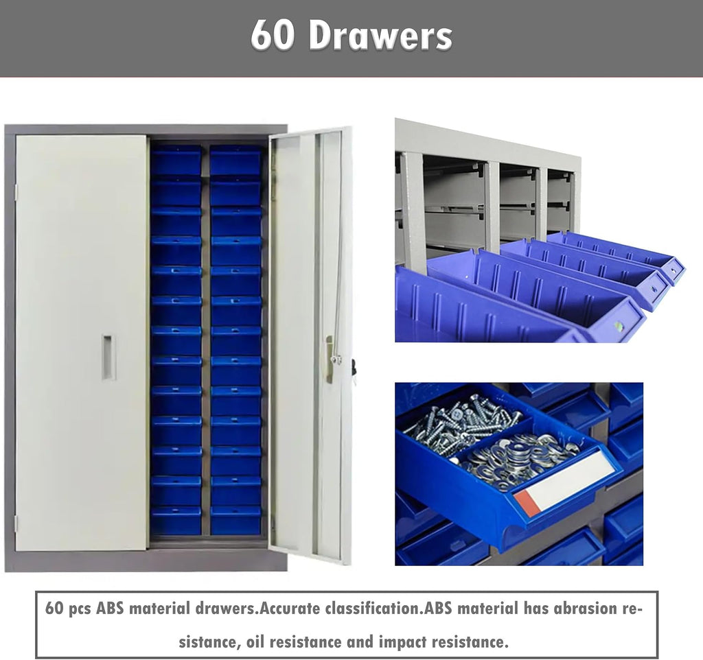 INTSUPERMAI Parts Cabinet Tools Storage Cabinet 60 Drawer Plastic Parts Organizer Plastic Storage Drawers 2 Dividers 5 Baffle
