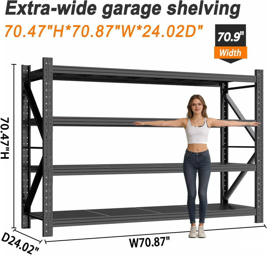 Garage Shelving 70.87' Wide Heavy Duty Storage Shelves Units and Storage,Metal Shelving Adjustable Shelves,Steel Garage Storage Rack,Industrial Utility Shelf Organization for Kitchen,Pantry