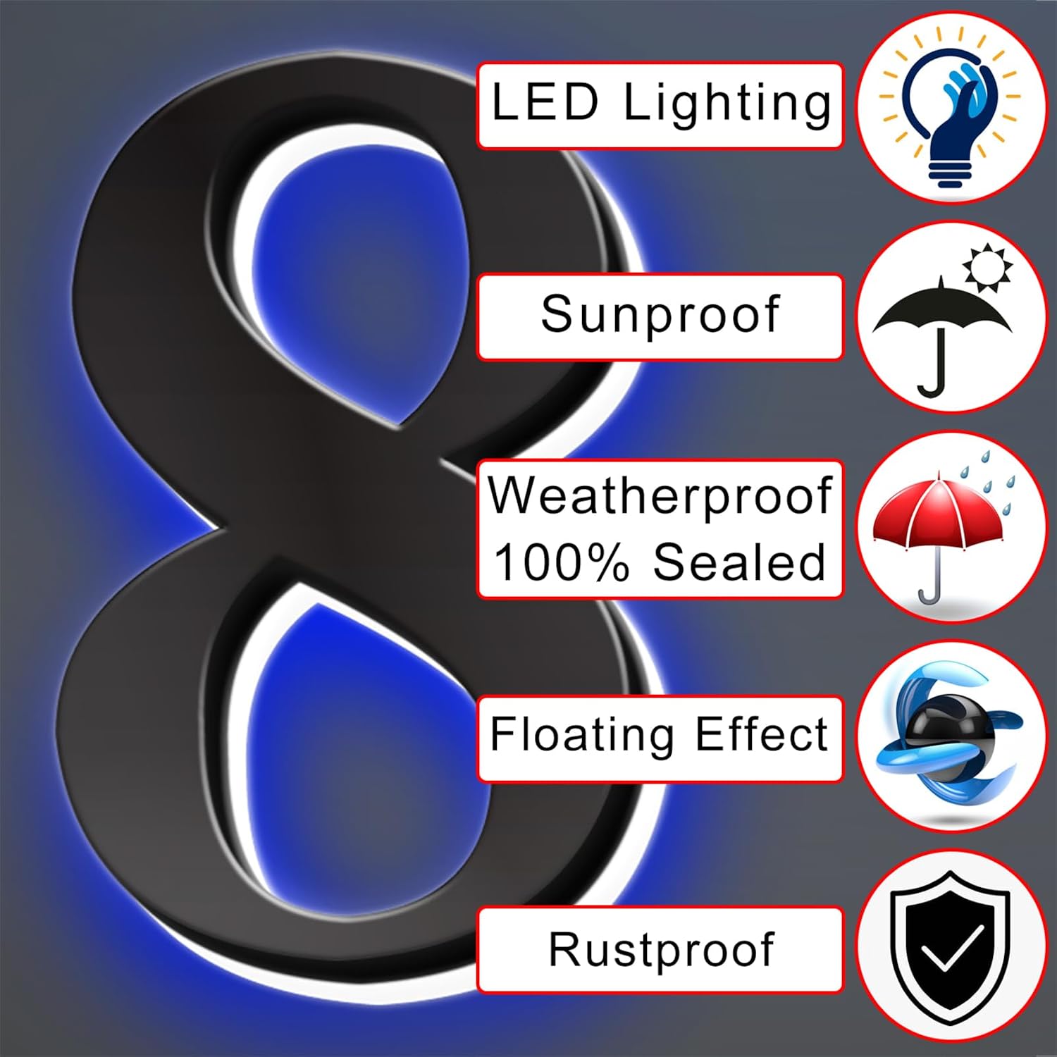 Backlit Lighted LED Home Address Numbers, Stainless Steel House Address Signs, Modern Illuminated LED House Numbers, Lighted House Numbers For Outside,16 Inch/400mm,7