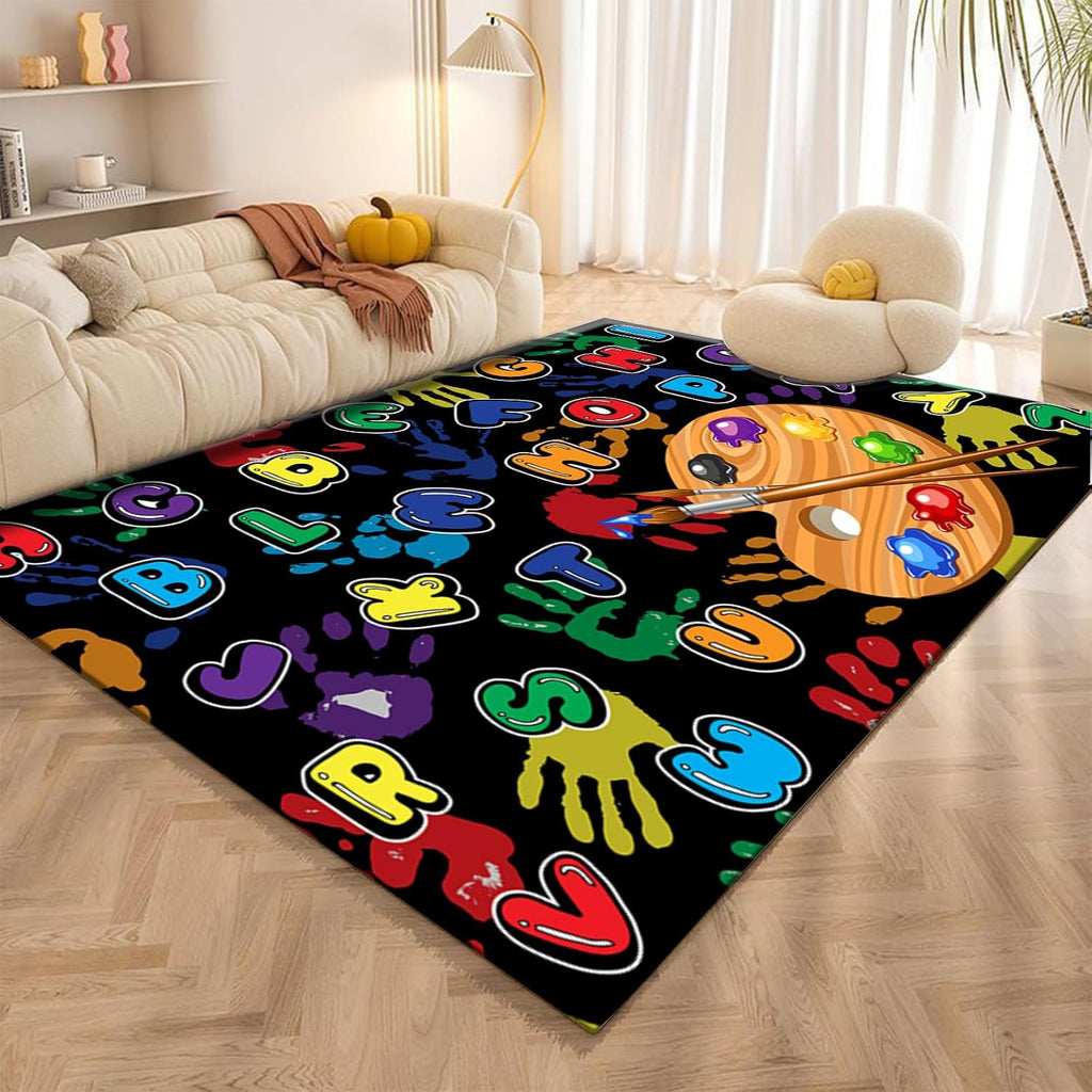 ABC Art Large Area Carpet, 6x8ft, Cartoon Palette Colorful Letters Children's Rug, Handprint Soft Classroom Carpets, Rubber Backed Durable Non Slip Rugs for Teen Kids Family Bedside