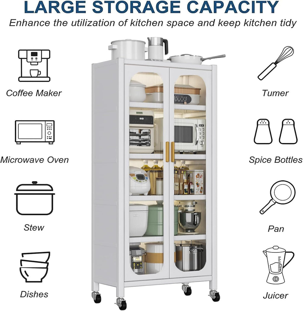 Runboll Kitchen Pantry Storage Cabinet, 6 Tier Metal Sideboard with Wheels and Acrylic Glass Door, Modern Display Curio Cabinet Bookcase White