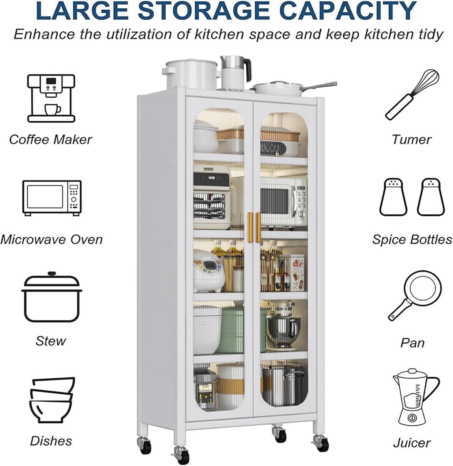 Runboll Kitchen Pantry Storage Cabinet, 6 Tier Metal Sideboard with Wheels and Acrylic Glass Door, Modern Display Curio Cabinet Bookcase White