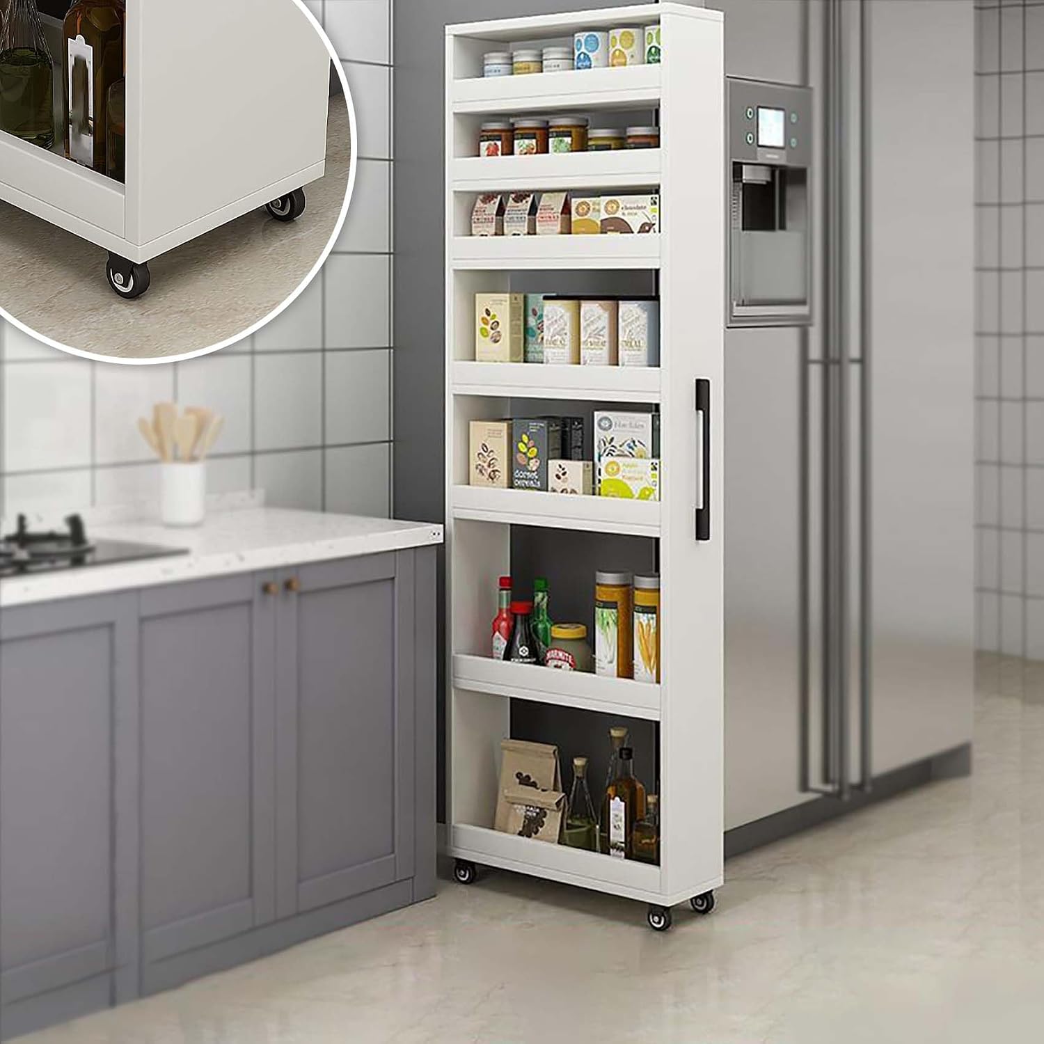 Slim Storage Cart with Wheels, Next to Fridge Storage Spice Rack, Kitchen Rolling Cart, Wood Storage Organizer for Kitchen, Bakers, Pantry, Dining Room (White,6' L x 18' W x 73' H)