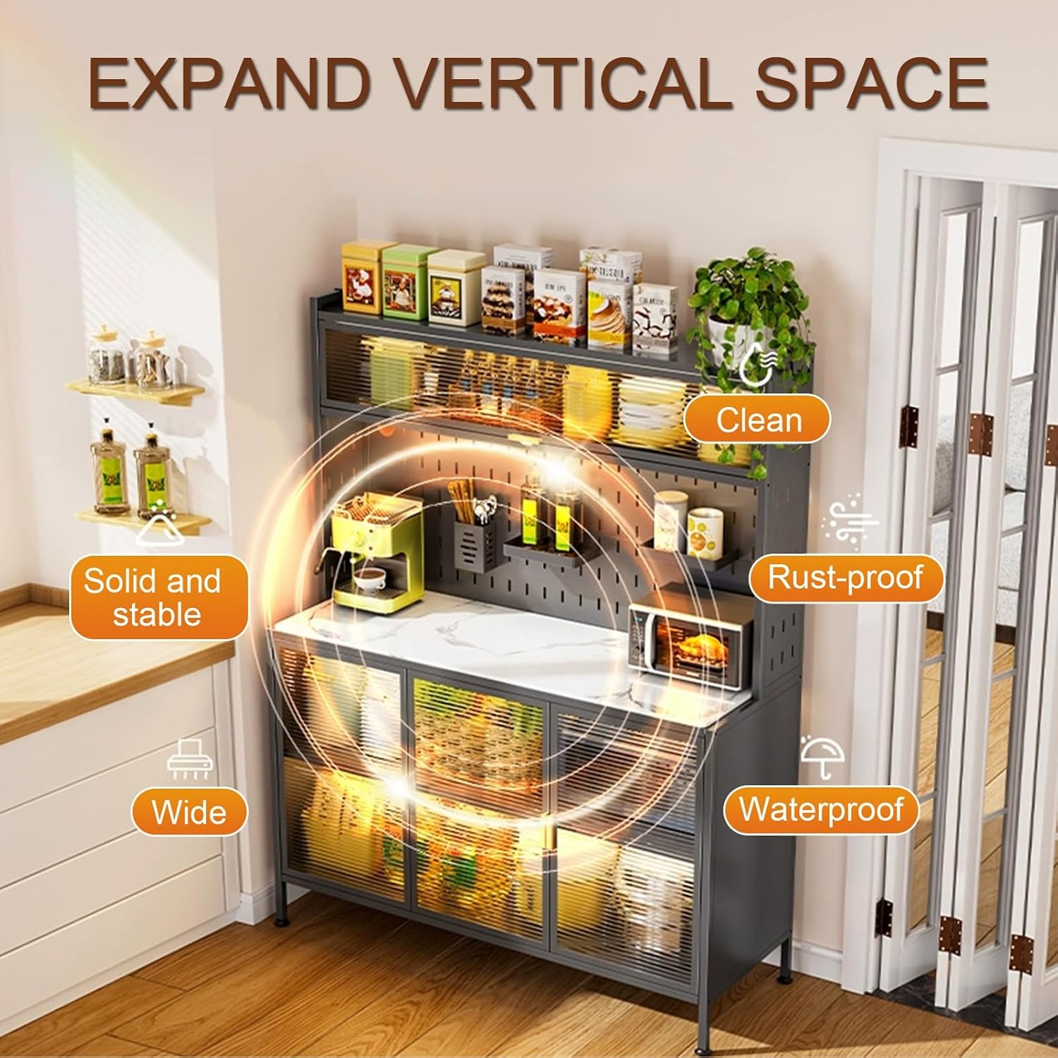 Free Standing Kitchen Units, Large Metal 6-Tier Bakers Rack, Kitchen Cabinet with Storage, Metal Tabletop, Adjustable Bottom Shelf(White,60cm)
