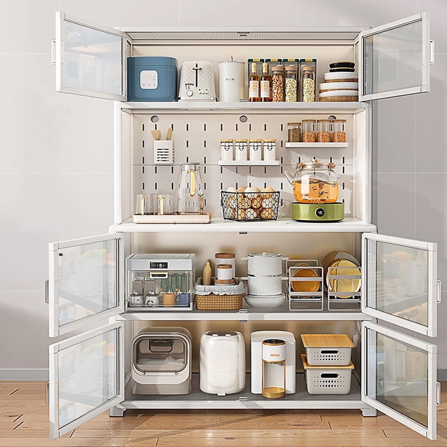 Bakers Rack with Storage, Metal Kitchen Storage Cabinet, Large Capacity, Expanded Space, with Spice Rack X 2, Chopstick Holder X 1, Hook X 4(Black,60cm)