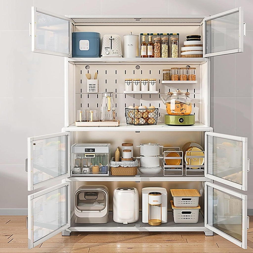 Bakers Rack with Storage, Metal Kitchen Storage Cabinet, Large Capacity, Expanded Space, with Spice Rack X 2, Chopstick Holder X 1, Hook X 4(White,60cm)