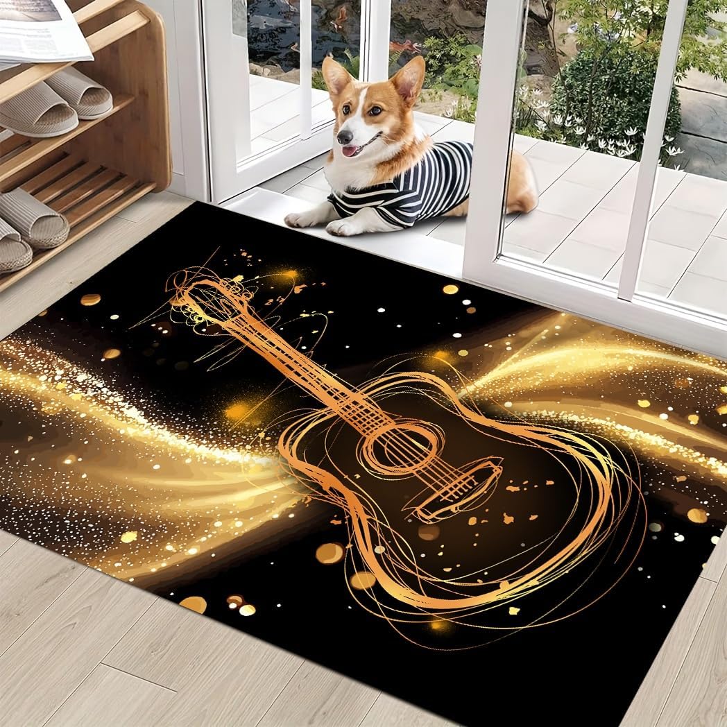 Guitar Area Rug, 6x8ft, Music Themed 3D Instrument Print, Black and Gold Guitar Washable Rugs, Soft Rugs for Bedrooms, Living Rooms, Studies, Children's Rooms, Non-Slip Mats, Home Décor