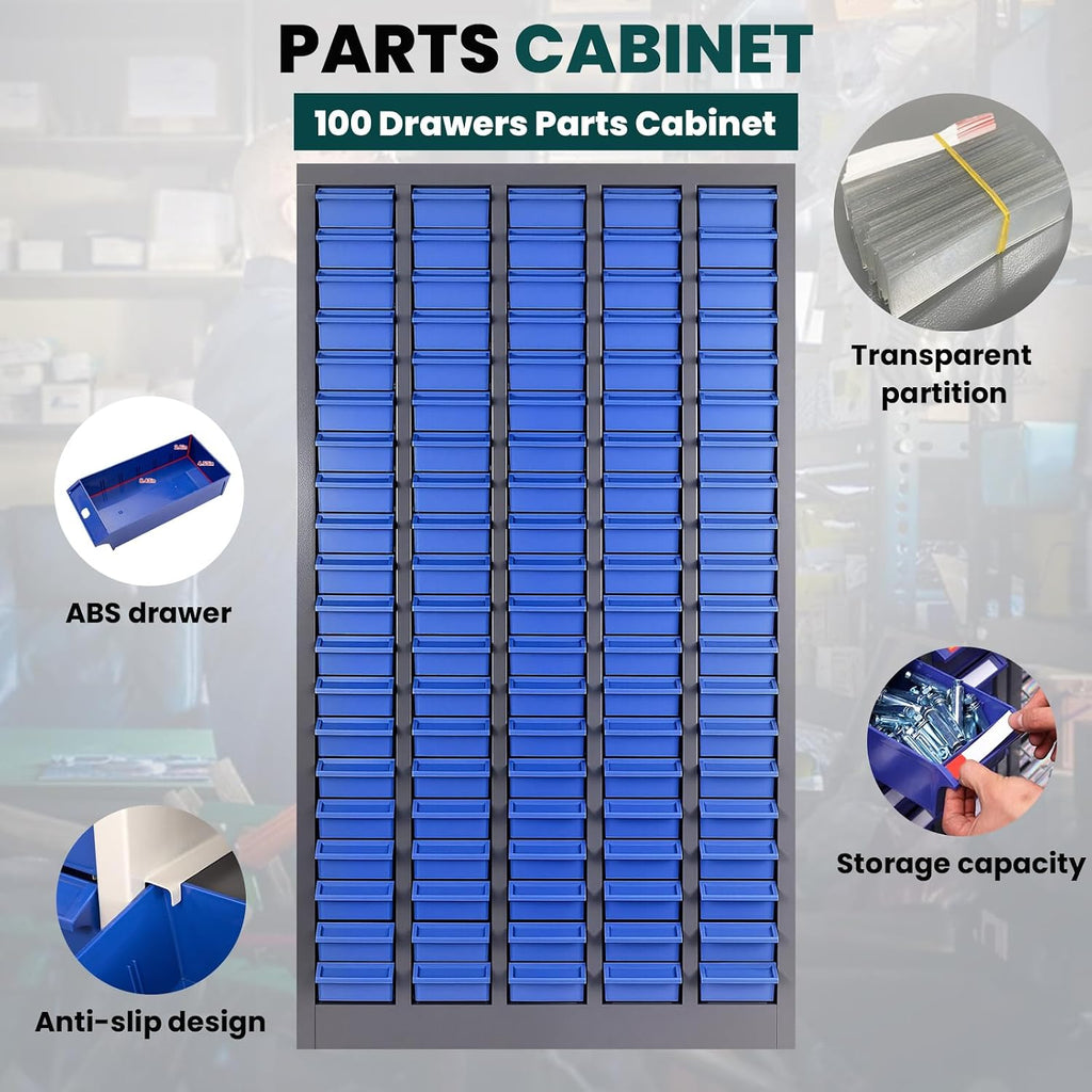 Parts Cabinet 100 Drawers with Dividers and Labels,Stainless Steel Bolt Box Organizer,ABS Material Drawer,26' x 8.66' x 46' Nuts and Bolts Organizer for Store, Toys, Parts,Screws (Classic 100 Drawers)