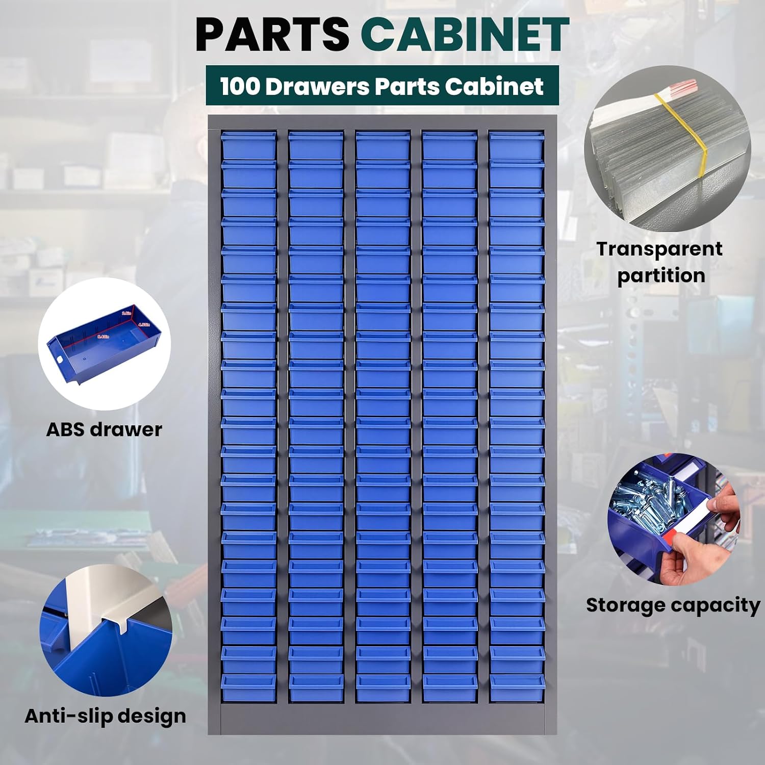 Parts Cabinet 100 Drawers with Dividers and Labels,Stainless Steel Bolt Box Organizer,ABS Material Drawer,26' x 8.66' x 46' Nuts and Bolts Organizer for Store, Toys, Parts,Screws (Classic 100 Drawers)
