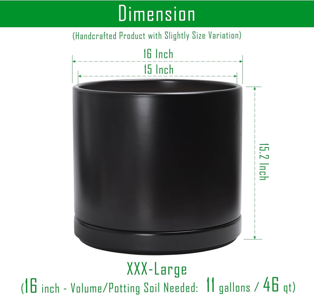 D'vine Dev 16 Inch Ceramic Planter Pot with Drainage Hole and Saucer, Indoor Cylinder Round Planter Pot, Black, 94-O-H-2