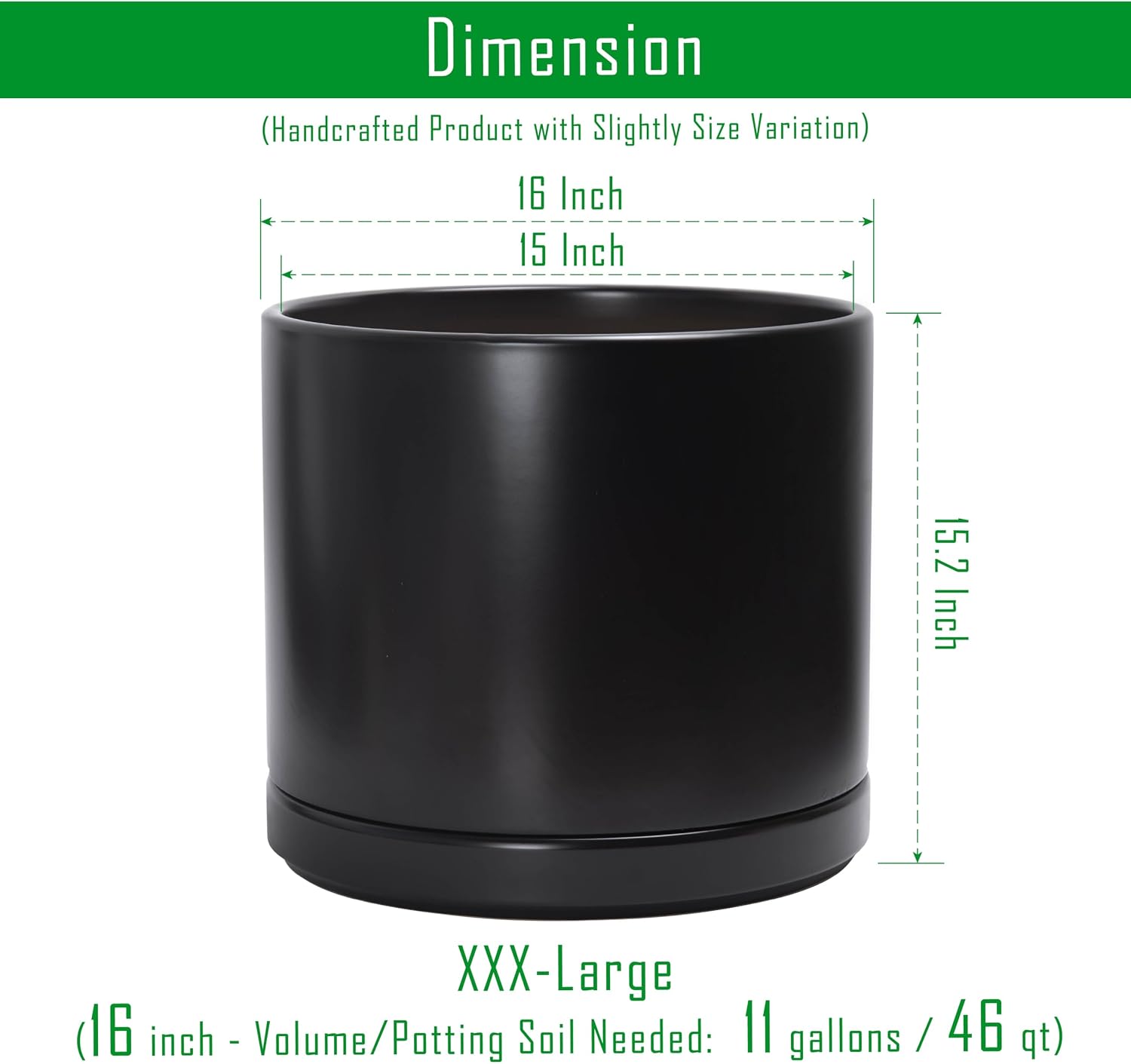 D'vine Dev 16 Inch Ceramic Planter Pot with Drainage Hole and Saucer, Indoor Cylinder Round Planter Pot, Black, 94-O-H-2