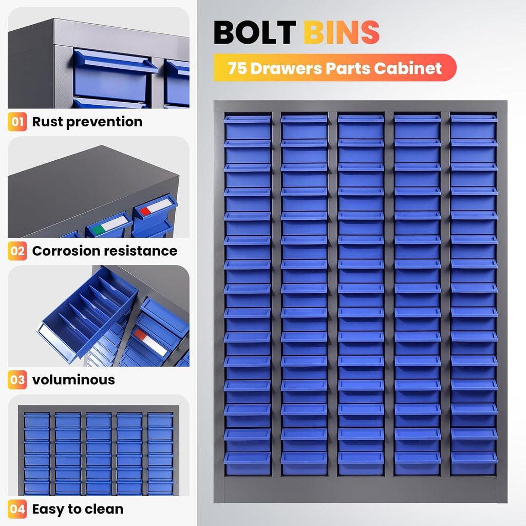 Parts Cabinet, Heavy Duty Nut and Bolt Organizer with ABS Material Drawers, Metal Frame Bolt Organizer Storage in Garage, Workshop and Classroom (Grey, 75 Drawers)