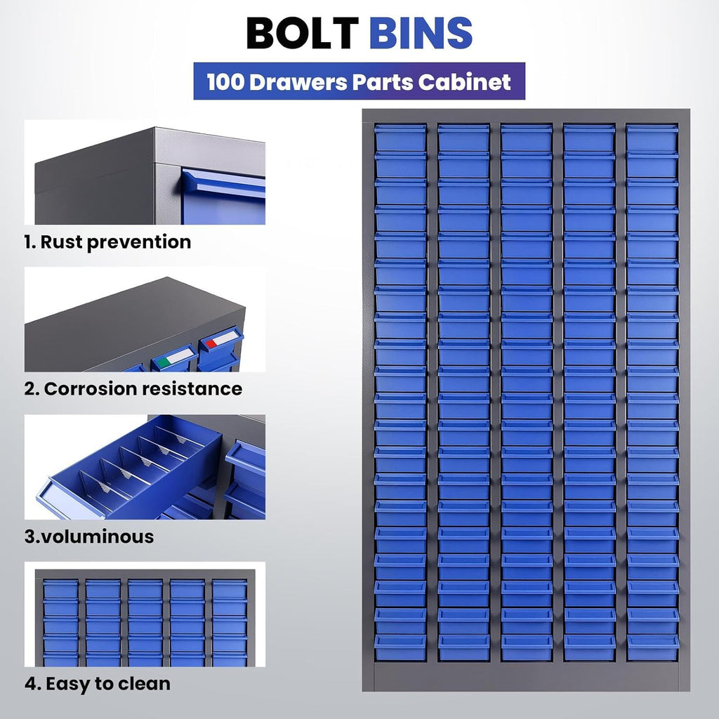 100 Drawers Nuts and Bolts Organizer, Metal Bolt Bins with Drawer Dividers, Parts Cabinet for Bolt Storage, Nut and Bolt Organizer for Tool Shop