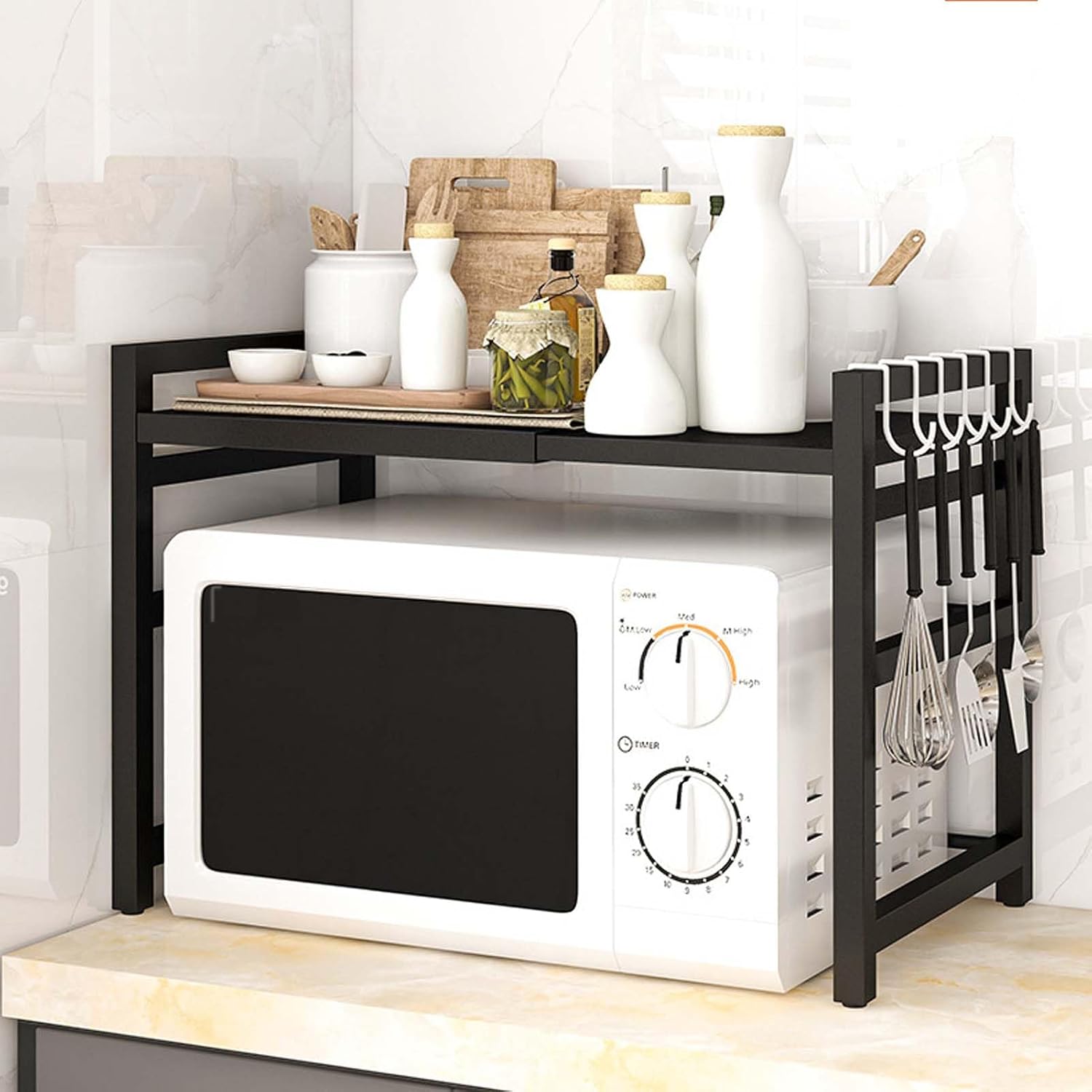 YSUEFIJO Bakers Rack with Storage Cabinet, Kitchen Microwave Stand with 4 S-Shaped Hooks, 2/3 Tiers Kitchen Storage Shelf, Black/White Coffee Bar Table, Kitchen Countertop Organizer
