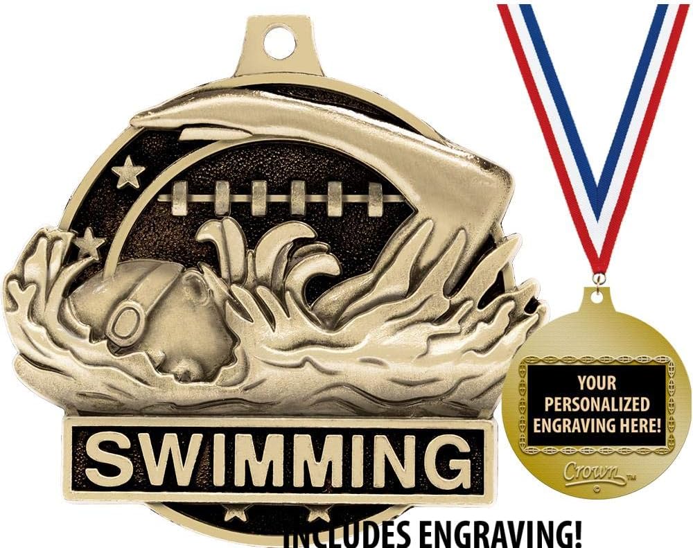 Swimming Medals, 2' Gold Swimming Medal Award with Free Custom Engraving