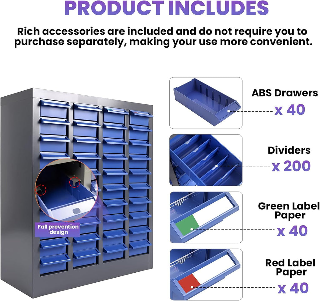40 Drawers Nut and Bolt Organizer, 25' H x 21' D x 9' W Bolt and Nut Tool Storage Cabinet with Acrylic Adjustable Shelves & Label Stickers, Alloy Steel Parts Cabinet for Workshop Garage Organizer