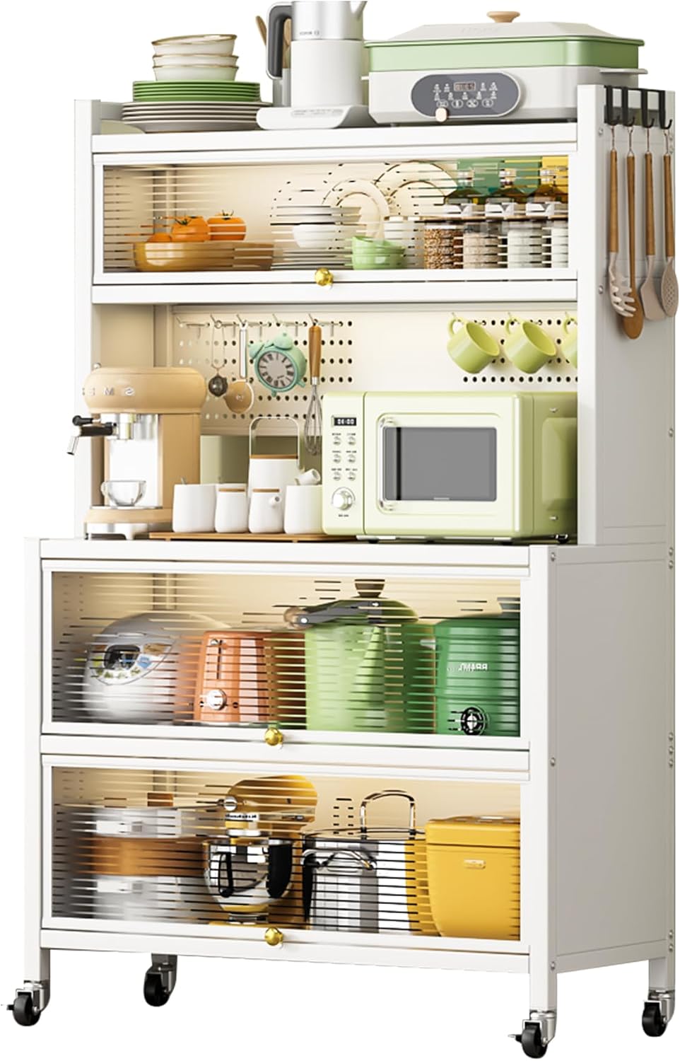 Metal Storage Shelves with Wheels, 5-Tier White Bakers Rack with Storage Cabinets & Drawers, Kitchen Baker's Rack Organizer with Lockable Doors, 360° Wheels for Pantry, Storage Room, Countertop, White