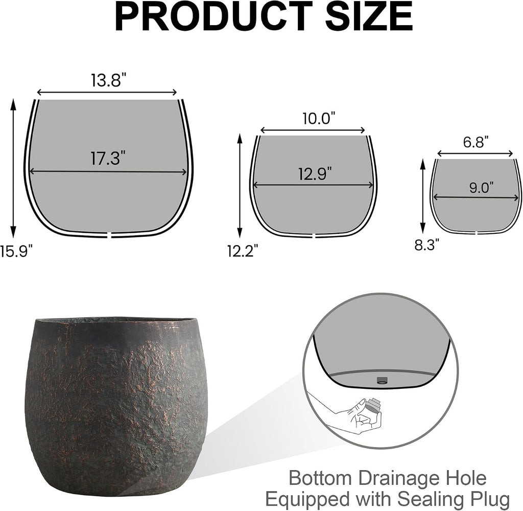 Wallowa 17.3'+12.9'+9.0' Dia Weathered Concrete Flower Pots, Modern Round Style Concrete Planter for Home, Garden, Patio, Courtyard, Bronze Rust Color, Set of 3