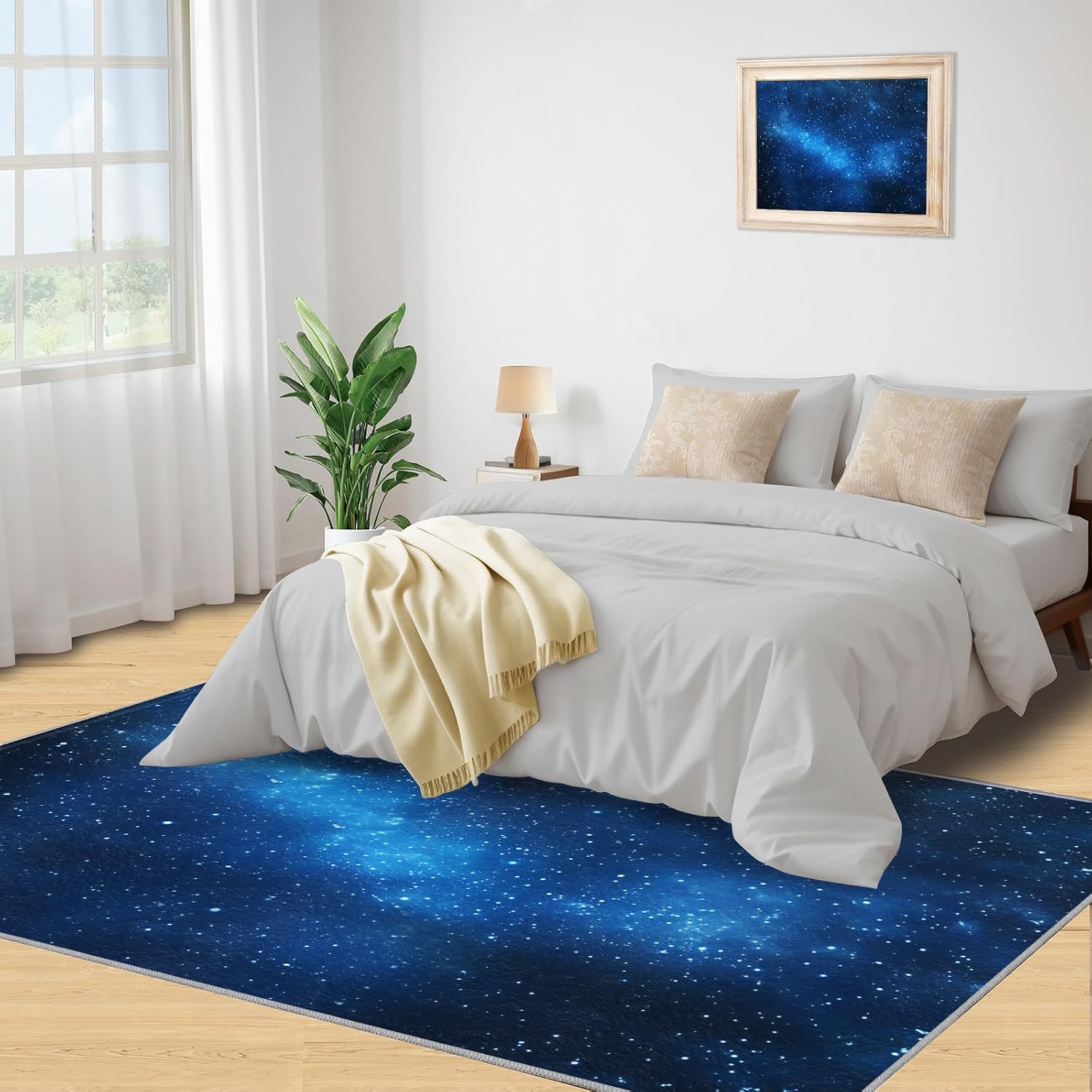 Blue Starry Sky Area Rug - Large Rug 6x8 - Stars Rugs for Living Room - Soft & Non Slip & Washable Rugs for Bedroom, Nebula Carpets for Dining Room Lounge Girls Room