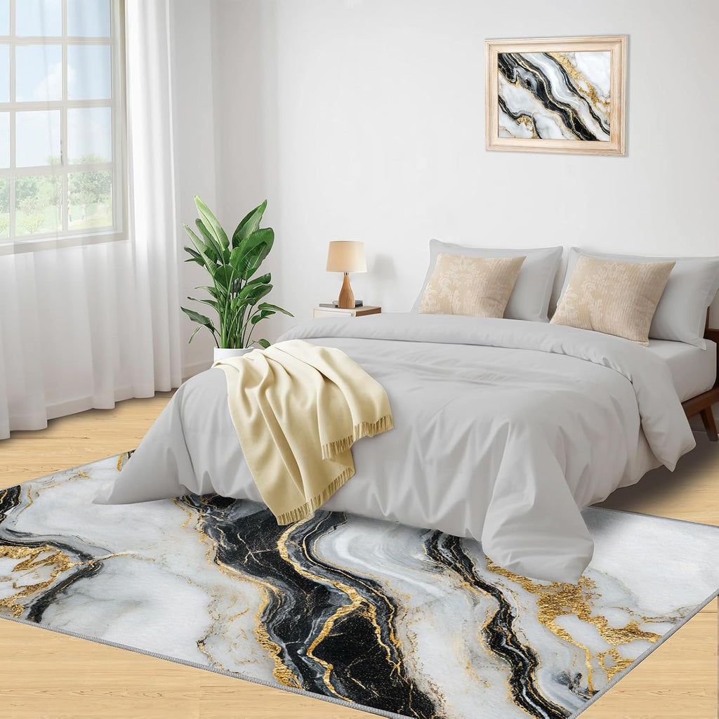 Black White Gold Marble Rugs for Bedroom - 6x8 Rug, European Style Area Rugs for Living Room, Contemporary Carpet, Abstract Washable Mat, Marble Home Decor & Gifts