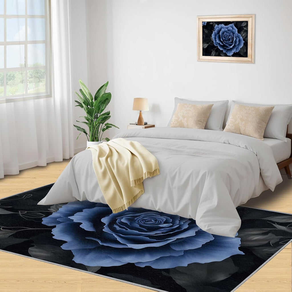 Dream Blue Roses Area Rug, Classical Black Leaves Rugs for Living Room, Indoor Non-Slip Kids Rugs, Machine Washable Breathable Durable Carpet for Front Entrance Floor Decor,6 x 8ft