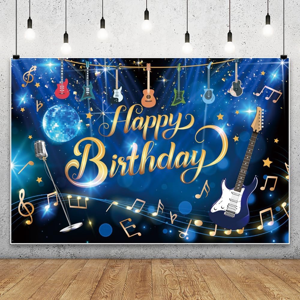 AWERT 20x10ft Blue Popular Music Theme Happy Birthday Background Banner Colorful Guitar Gold Music Notes Photography Backdrop Kids Adults Birthday Party Decoration Supplies