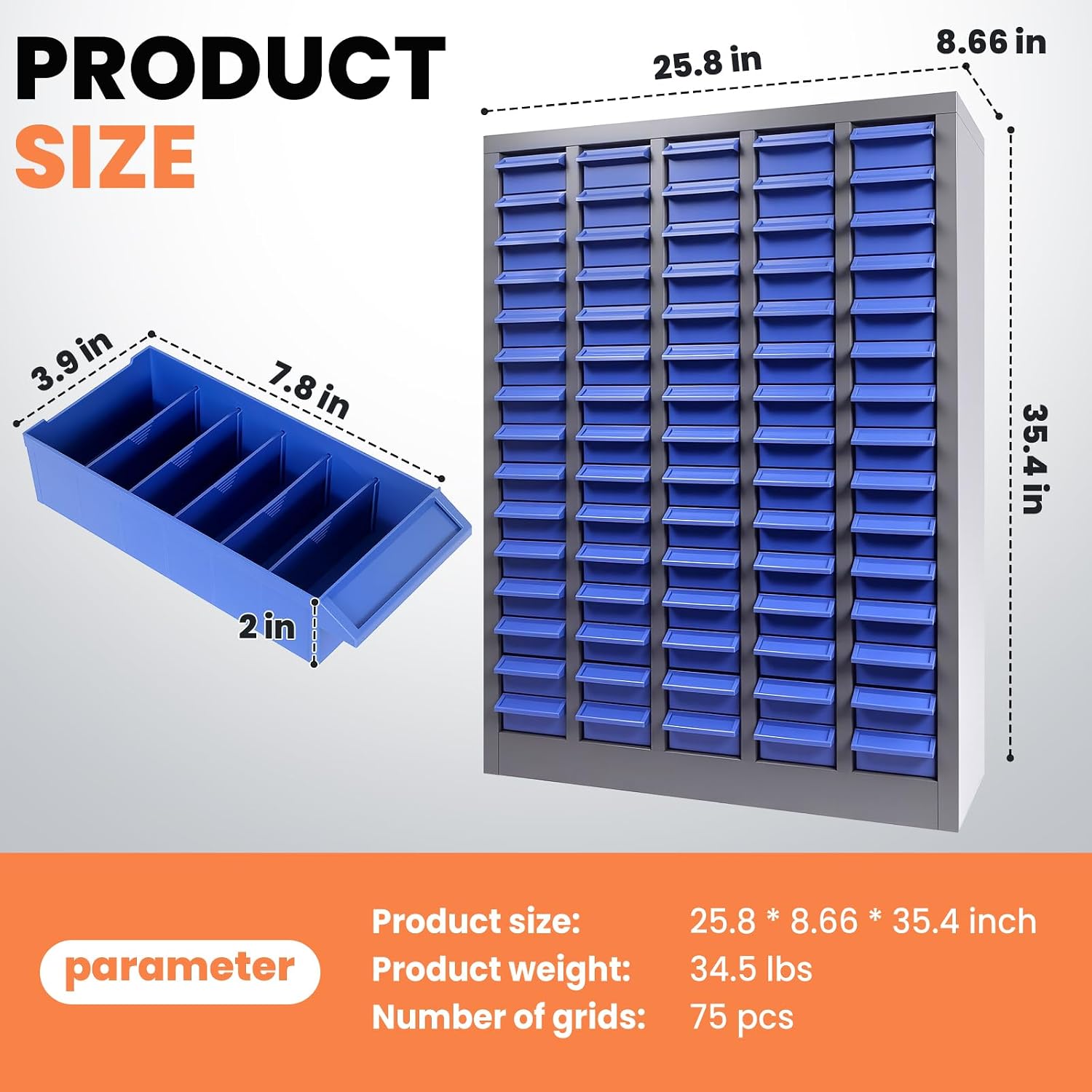 75-Drawer Parts Storage Cabinet, 21' x 8.66' x 24.8' Nut and Bolt Organizer with Stainless Steel Frame & ABS Drawers, Hardware Tool Organizer with Labels for Garage, Workshop & Home