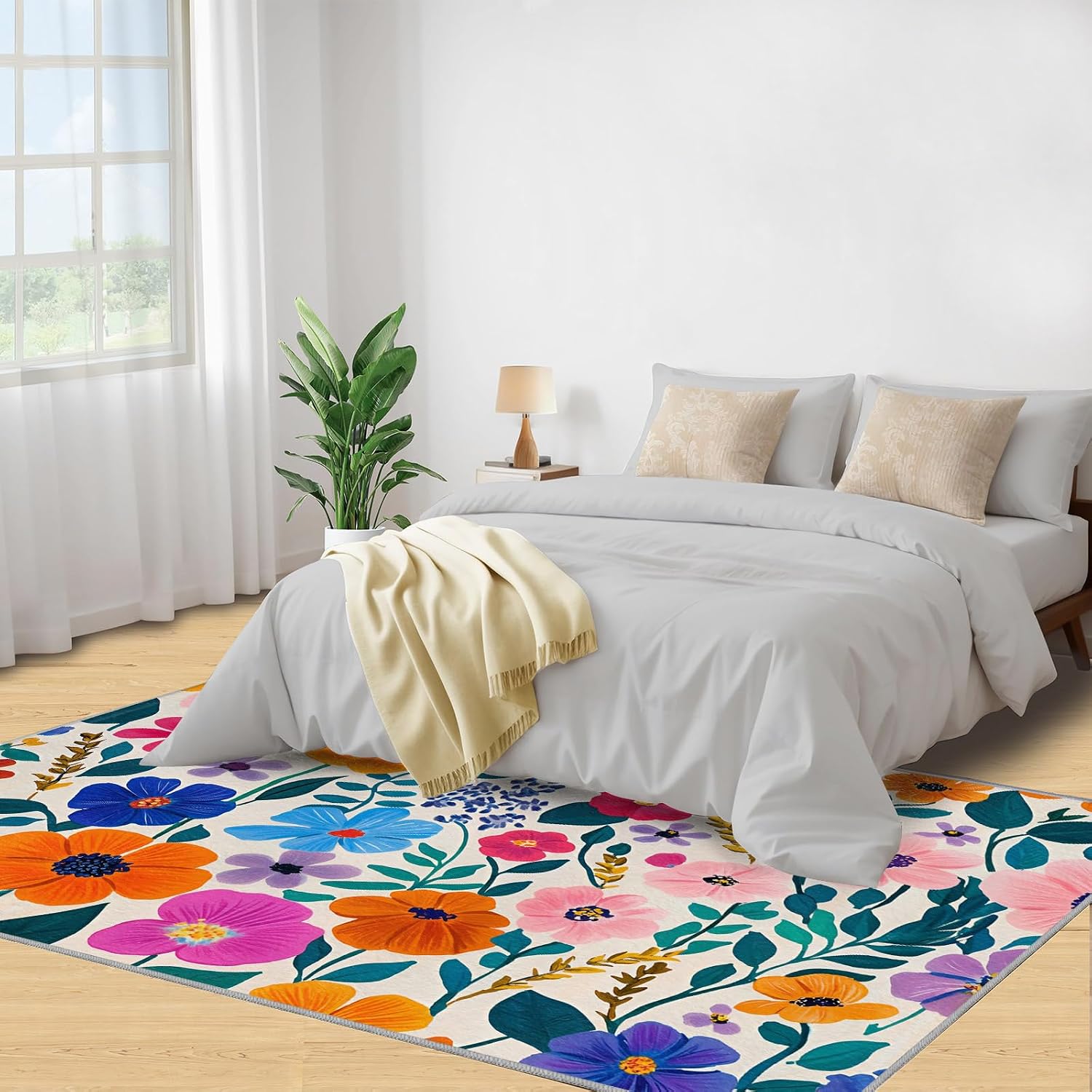 Colorful Florals Rug 6x8 - Simple Florals Large Rugs for Living Room, 1970s Flowers Carpet Area Rug for Girls Bedroom Kids Room Basement Office Classroom