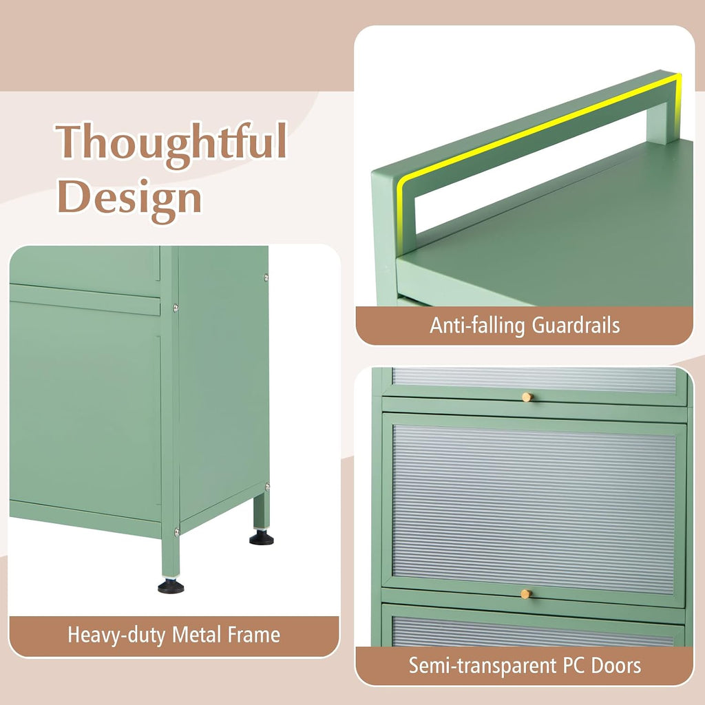 LDAILY 5-Tier Kitchen Storage Cabinet, Mobile Microwave Stand with Metal Frame, Double Anti-toppling Device, 4 Rolling Casters, Freestanding Bakers Rack for Kitchen, Dining Room, Living Room (Green)