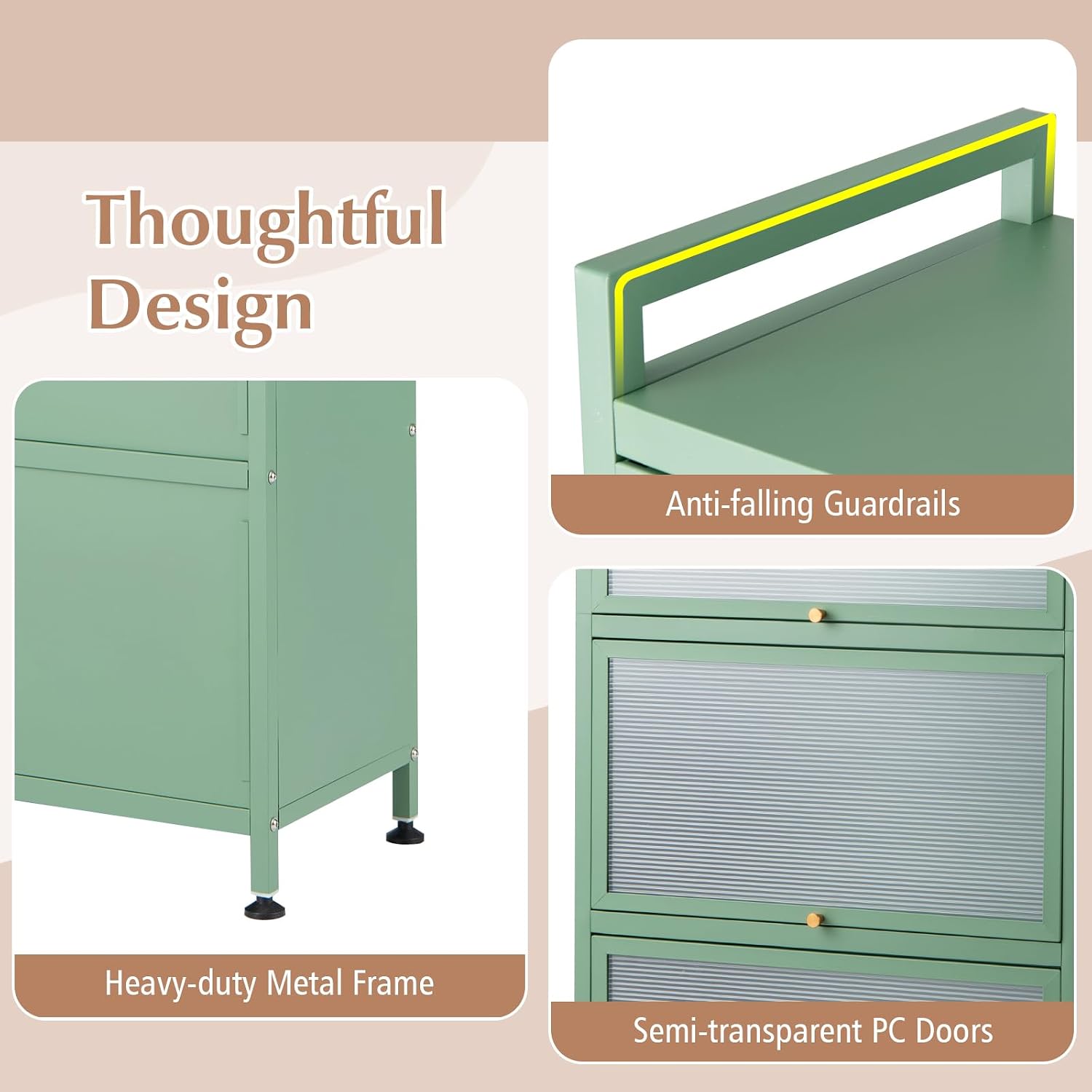 LDAILY 5-Tier Kitchen Storage Cabinet, Mobile Microwave Stand with Metal Frame, Double Anti-toppling Device, 4 Rolling Casters, Freestanding Bakers Rack for Kitchen, Dining Room, Living Room (Green)