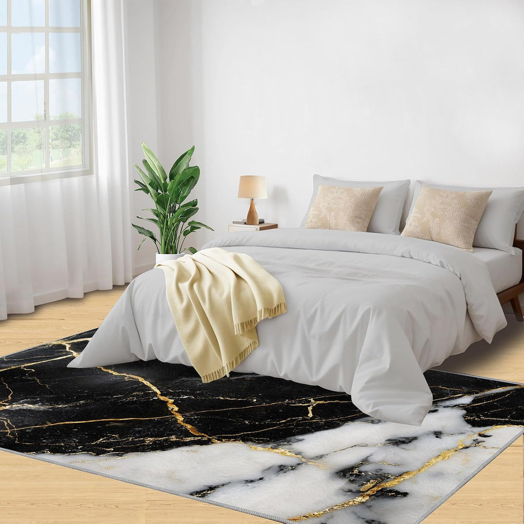 Marble Area Rug 6x8 - Black Gold Marble Large Rugs for Living Room, Luxury Abstract Carpet Area Rug for Girls Bedroom Kids Room Basement Office Classroom