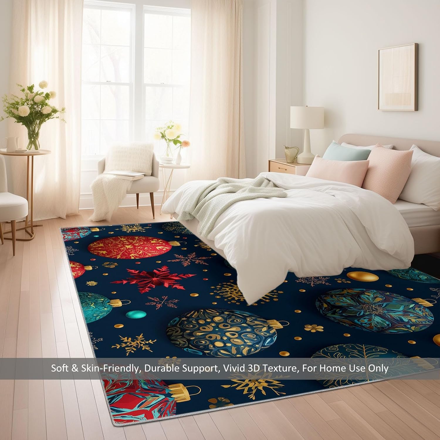 Christmas Snowflakes Lights Balls Print Area Rug 5 x 7 ft Washable, Dark Blue Non-Slip Floor Mat - Soft Low-Plie Faux Wool Carpet for Bedroom Living Room Kitchen Entryway Pet Friendly Rug