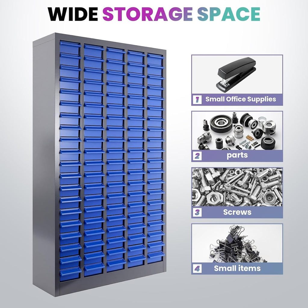 100-Drawer Small Part Organizer with 5 Dividers & 2 Labels Per Drawer, Nut and Bolt Organizer with Rear Stops, Rust Prevention & Corrosion Resistant Part Cabinet for Mechanics (100-Drawer)