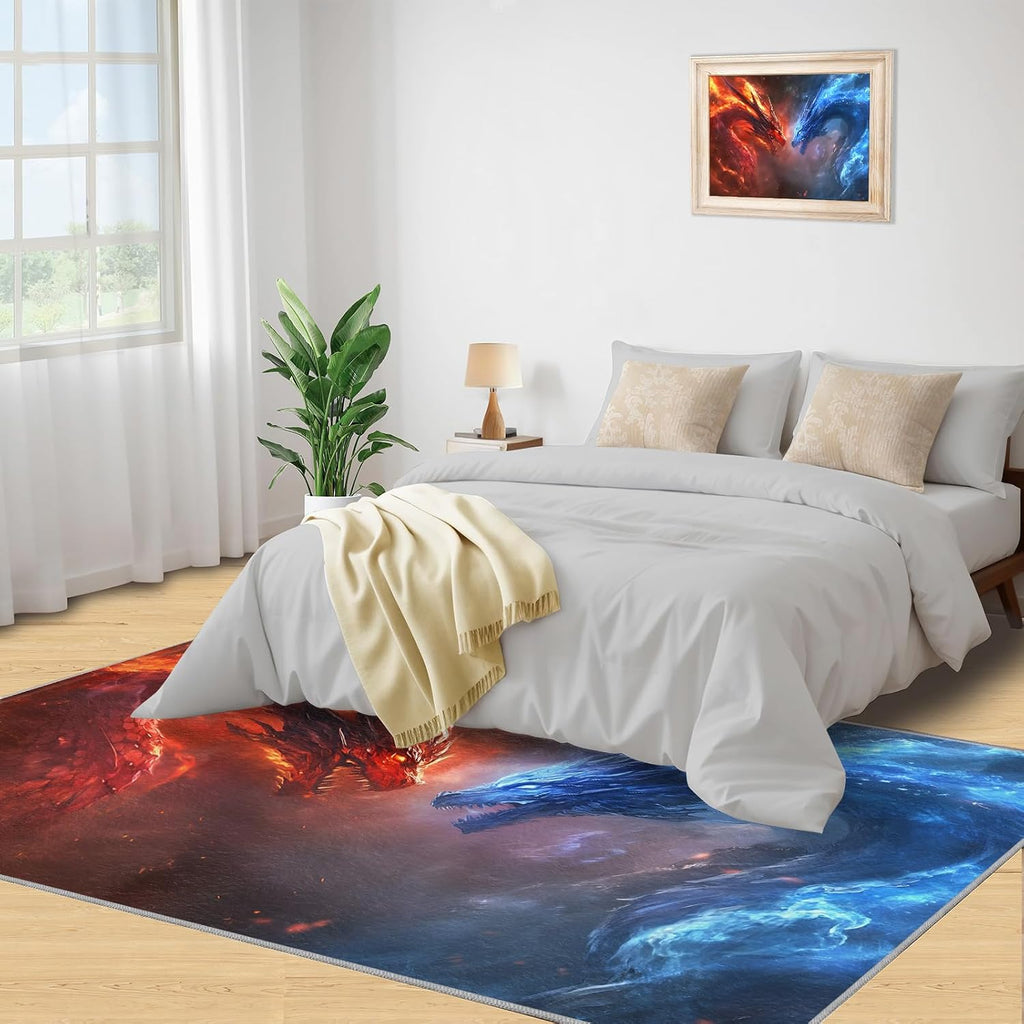 Ice Fire Dragon Living Room Rug, Fantasy Magic Dragon Area Rug, Washable Bedroom Rugs for Front Porch Kitchen Entryway Doormats Decor Floor Mat 6x8