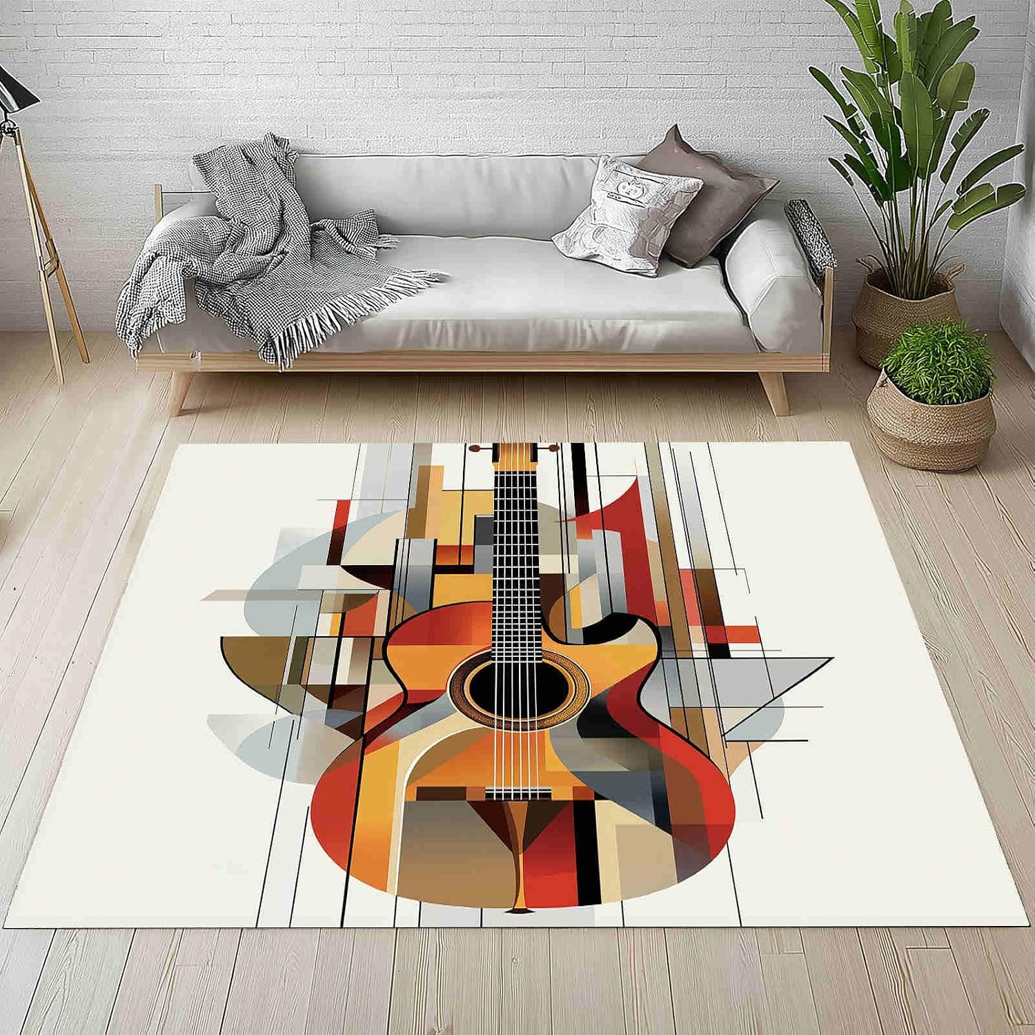 Abstract Geometric Guitar Design Large Area Rug 6x9ft Minimalist Line Motifs Washable Area Rugs for Living Room Amber Bedroom Rug Decorative Carpet, for Dining Room Dormitory Washable Rugs