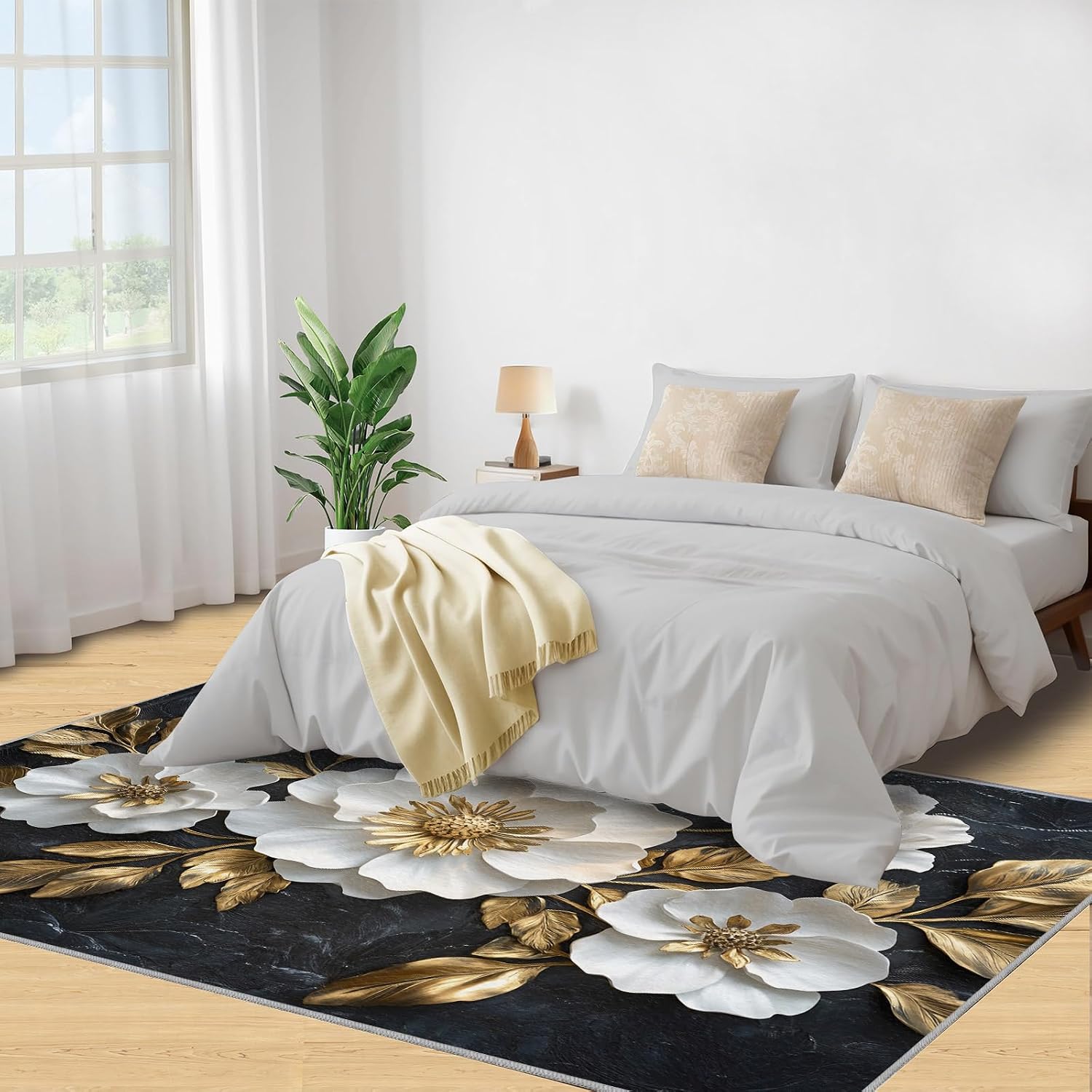Relief Flower Area Rug Large - 6x8 Rug, Black Gold Flower Rugs for Living Room, Floral Carpet, Modern Washable Area Rugs for Bedroom, Aesthetic Carpet, Floral Home Decor