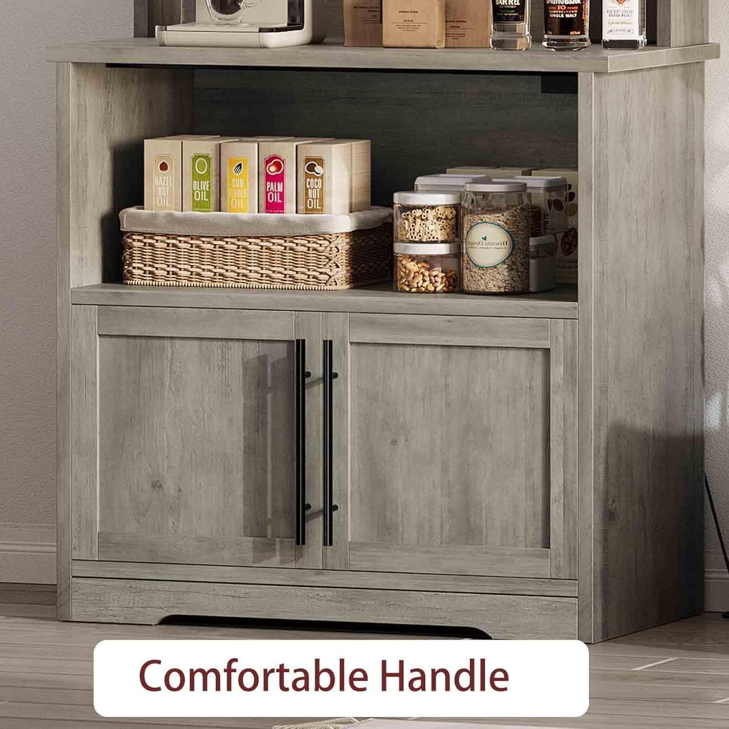 Tall Large Storage Cabinet Kitchen Microwave Stand with Storage, 4-Tier Bakers Rack with Power Outlet, Cupboard, Floor Cabinet for Living Room, Rustic Gray,