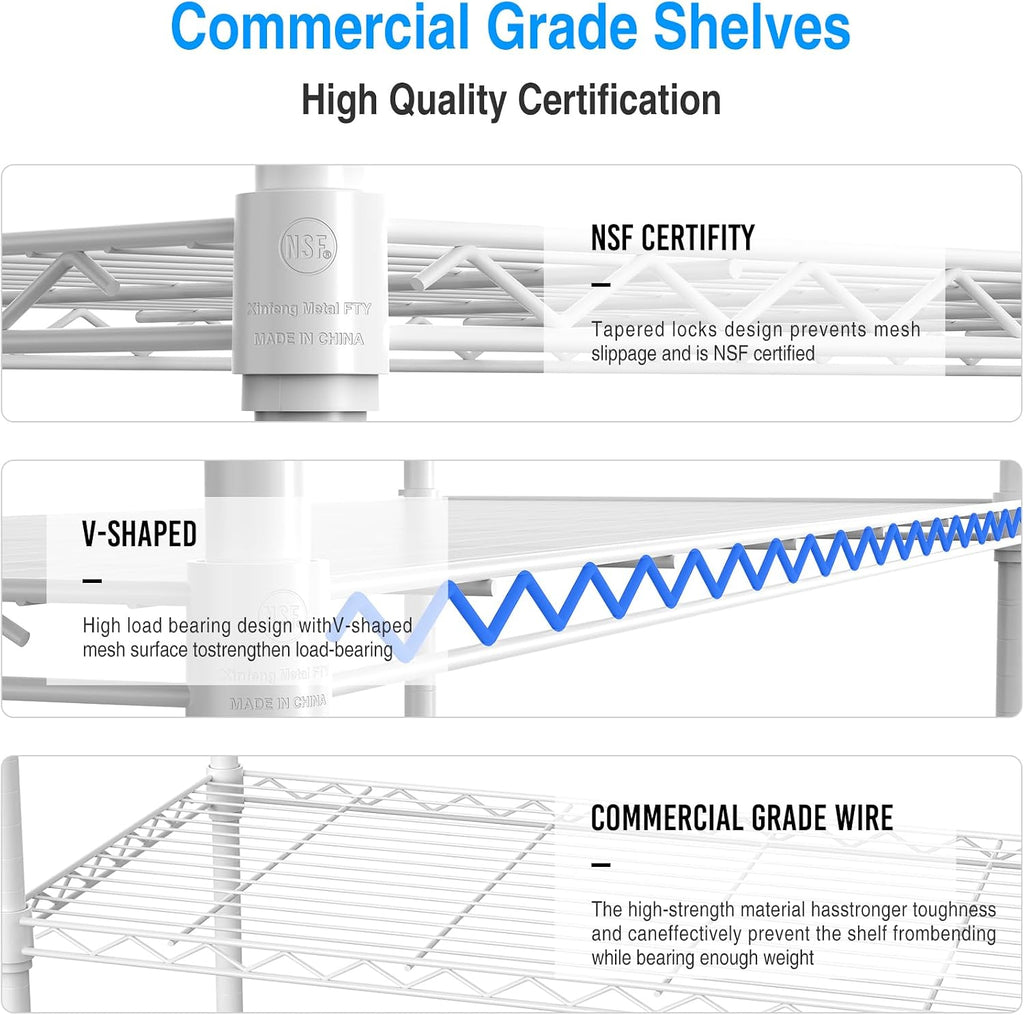 3 Tier NSF Wire Shelf Shelving Unit, 18 x 48 x 48 Inch 1050lbs Capacity Heavy Duty Adjustable Storage Metal Rack with Leveling Feet & Shelf Liners, Ideal for Garage, Kitchen, Office and More - White