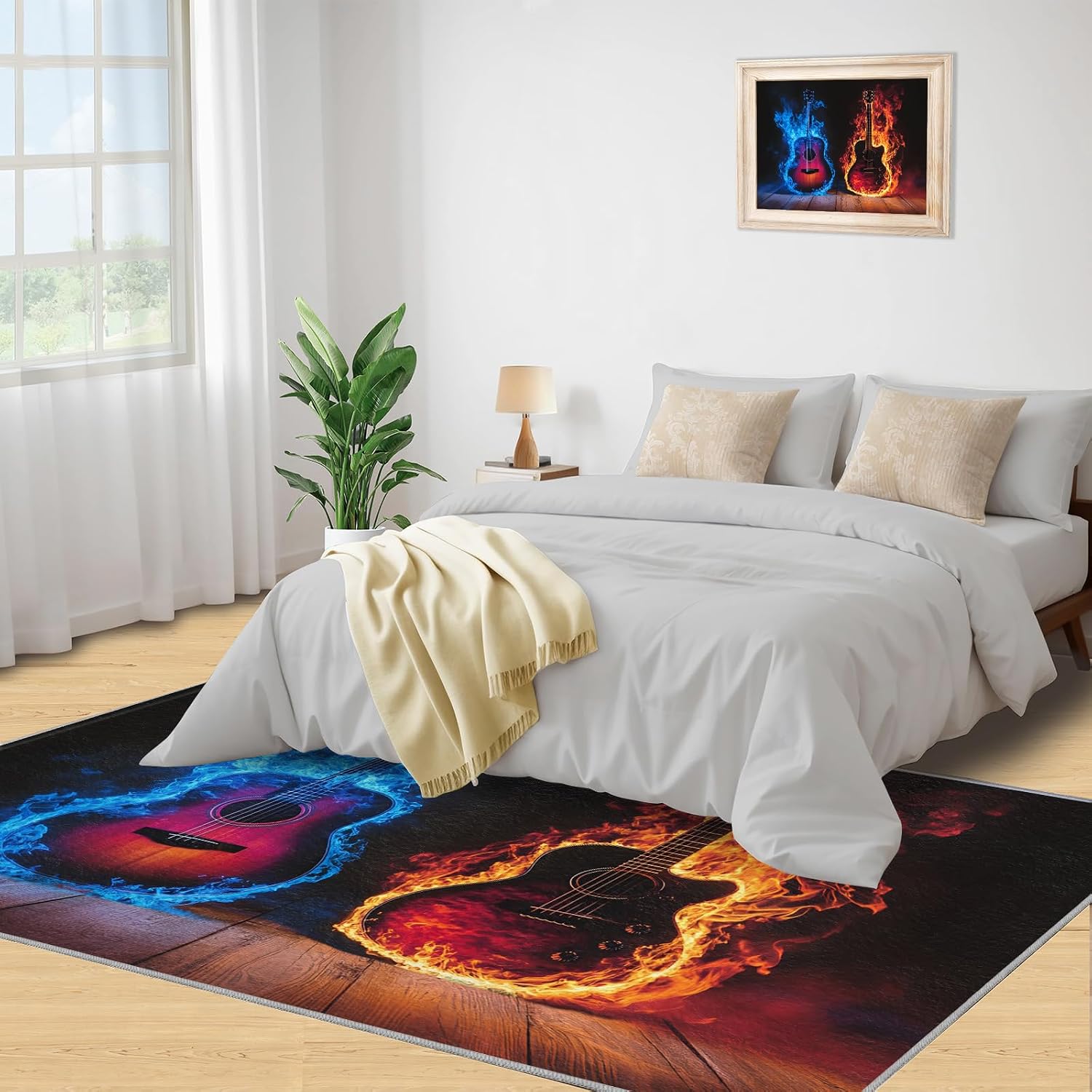 Guitar Rug for Bedroom 6x8 Rug Fire Water Guitar Rugs, Rock Music Themed Home Decor, Non Slip Washable Large Rugs, Instruments Print Carpet for Boys and Girls Teen Playroom