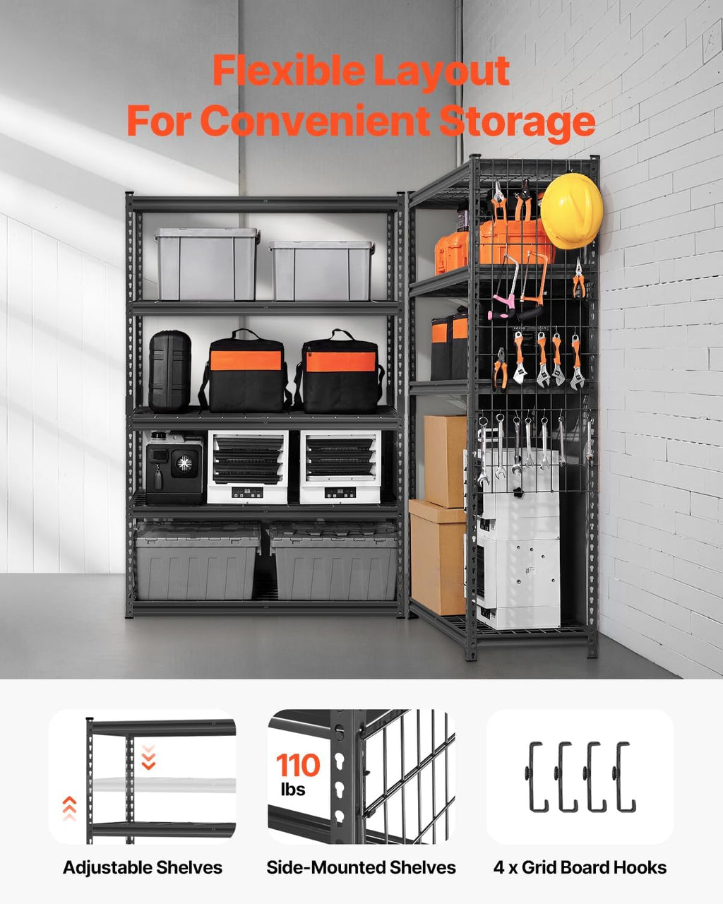 VEVOR Storage Shelves, 2500 lbs, 5 Tier Heavy Duty Garage Shelving, 18' D x 48' W x 72' H Adjustable Metal Shelves for Industrial Shelving Unit Utility Shelf, for Kitchen, Warehouse, Basement, Black