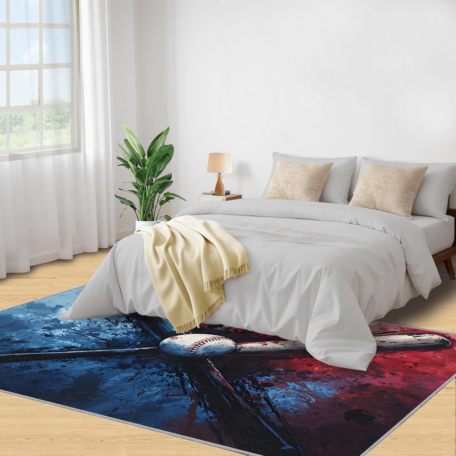 Baseball Rugs for Bedroom, Baseball Bat Graffiti Rug 6x8, Children's Sports Dining Room Rugs Washable & Non Slip Large Carpet for Home Decor