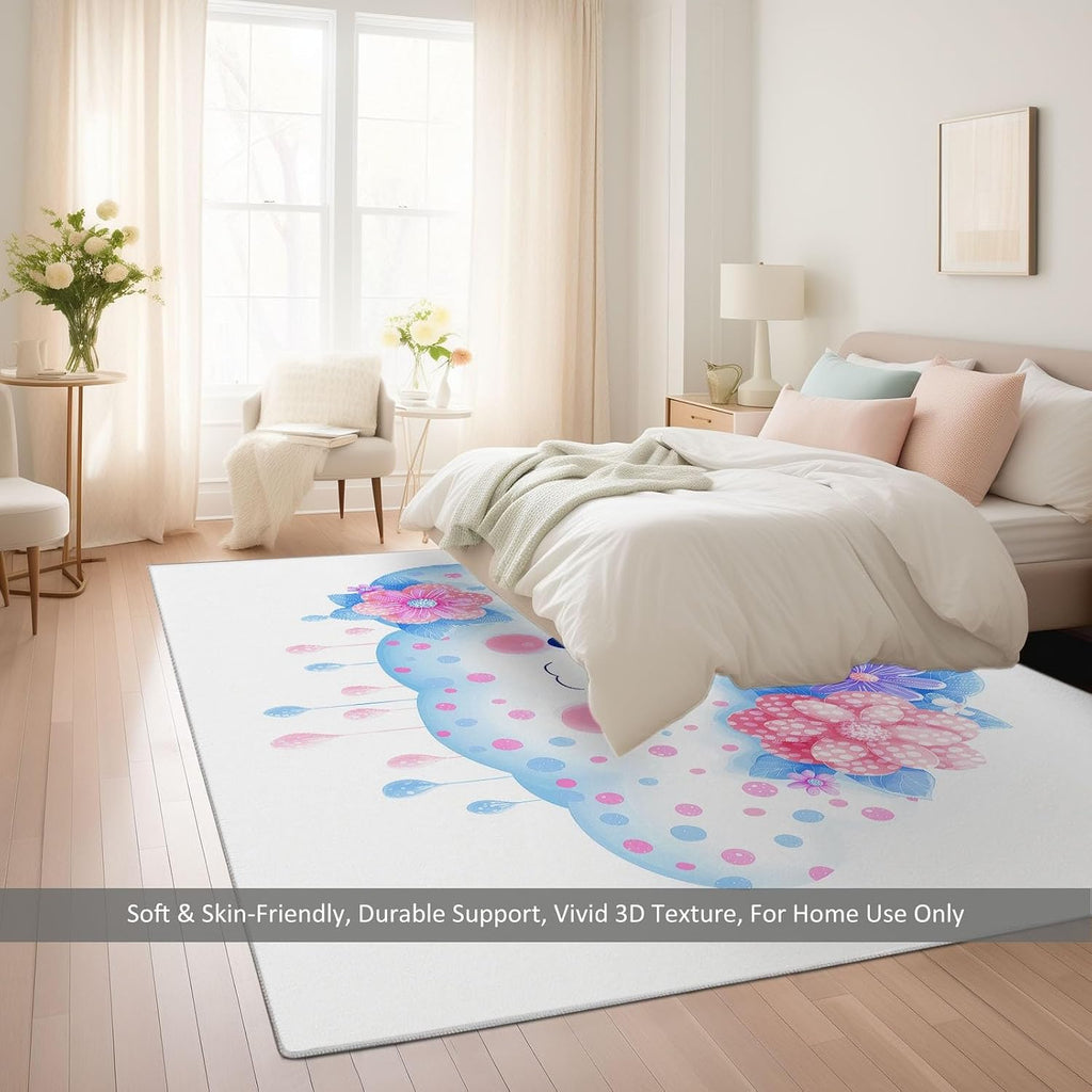 Washable Area Rug 5 x 7 ft, Cartoon Fresh Flowers Clouds Soft Print Kids Area Rugs for Living Room - Non-Slip Stain Resistance White Indoor Carpet for Bedroom Kid Nursery Playroom