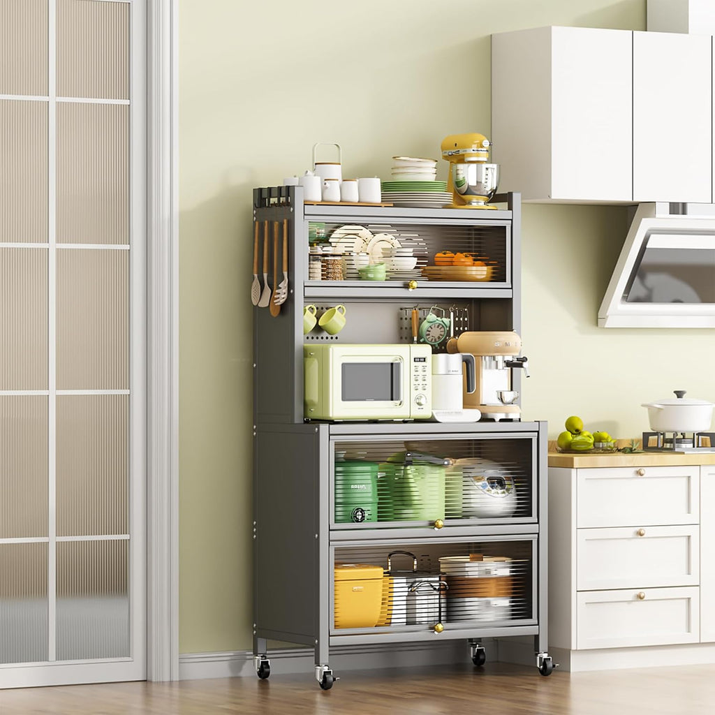 64' Kitchen Pantry Cabinet, Tall Storage Cabinet with Glass Doors and Wheels, Bakers Rack Countertop, Microwave Oven Shelf Cabinet, Cabinet Cupboard for Kitchen, Living Room, Dining Room (Grey)