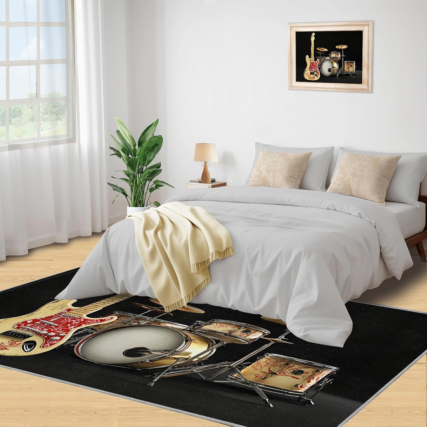 Music Area Rug Large - 5x7 Rug, Guitar Rugs for Living Room, Drum Set Carpet, Acoustic Guitar Washable Area Rugs for Bedroom, Boys Room Carpet, Music Home Decor & Gifts