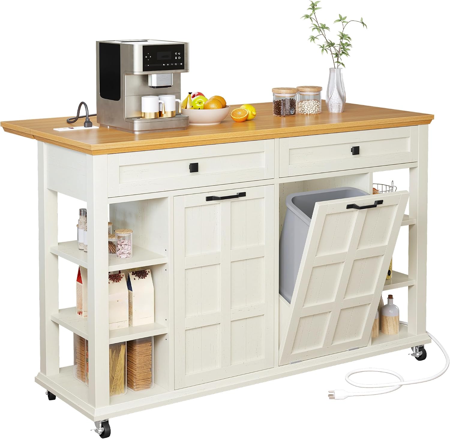 YITAHOME Rolling Kitchen Island with Drop Leaf, 51 Inch Kitchen Cart with Trash Can Cabinet, Americana Center Island with Power Outlet, Mobile Foldable Dining Table with Open Shelves, Off-White