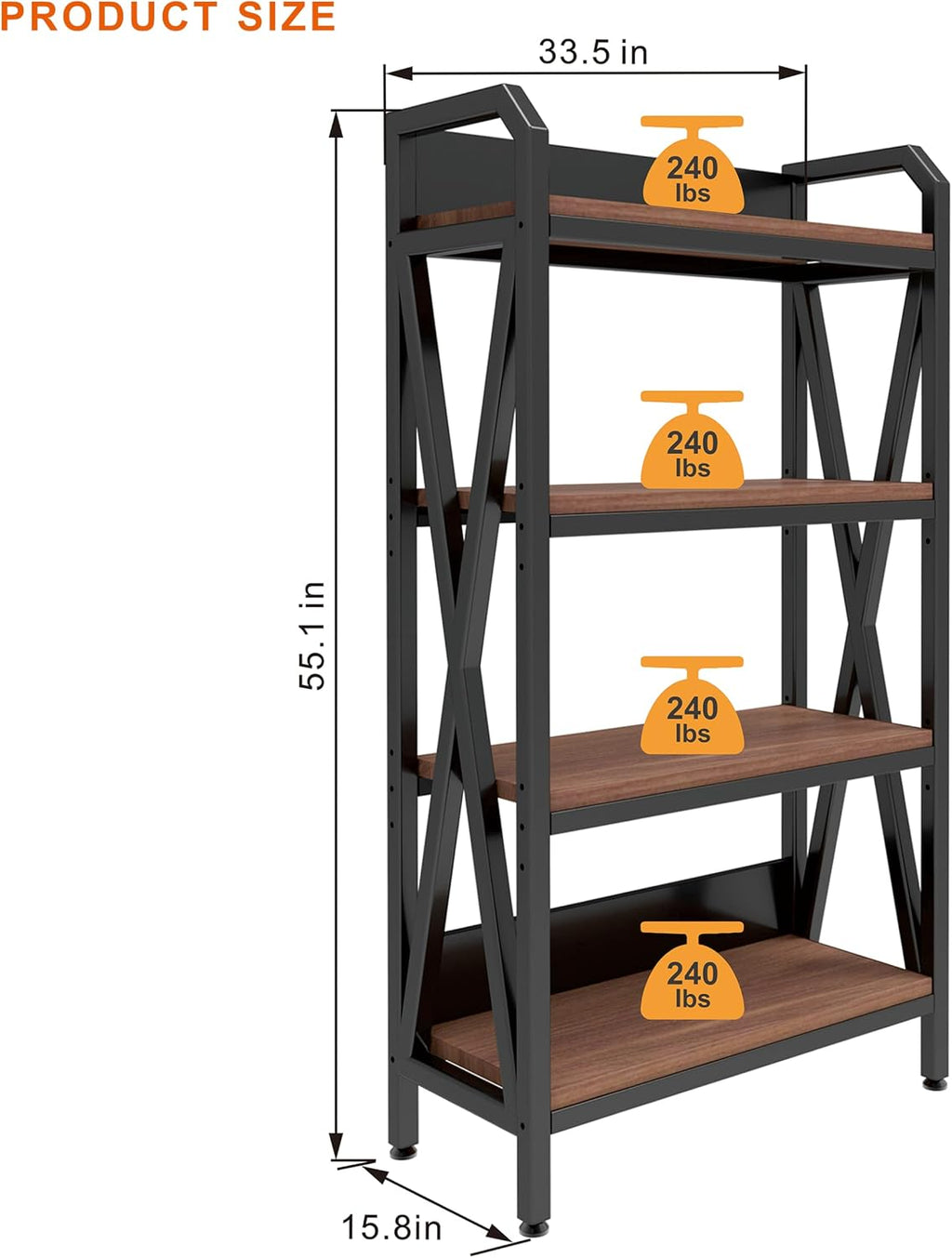 Stylish 4-Tier Baker's Rack with Wood Shelves and Metal Frame for Kitchen Pantry Organization, Garage, Bathroom or Closet Storage